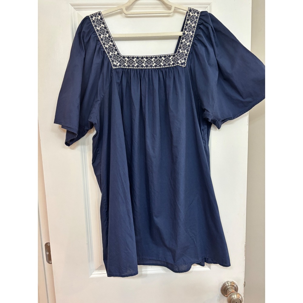Gap Womens XL Navy Blue Embroidered Square Neck Cotton Poplin Tunic Top Boho